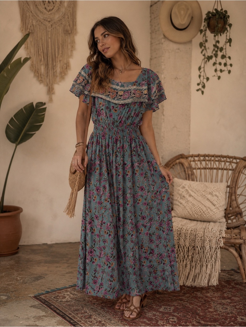 Dotti Teal Floral Maxi Dress with Pink & Purple Blooms